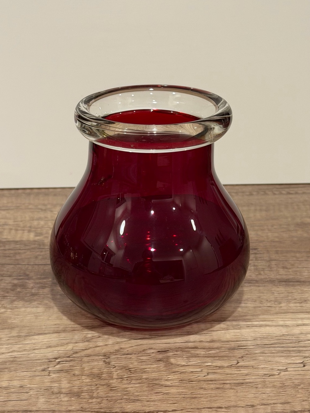 Vintage Ruby Red Art Glass Vase with Clear Applied Rim Heavy 6” Vase